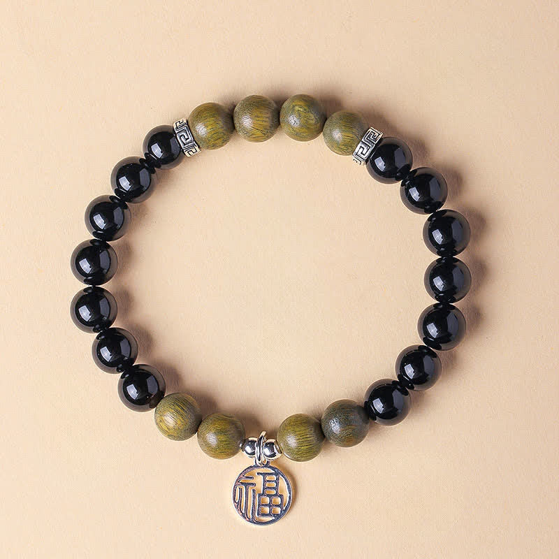 Buddha Stones Pulsera de cuentas con el personaje Fu de ónix negro para la buena suerte - Ónix negro y sándalo verde (circunferencia de la muñeca: 15-16 cm) - image 16