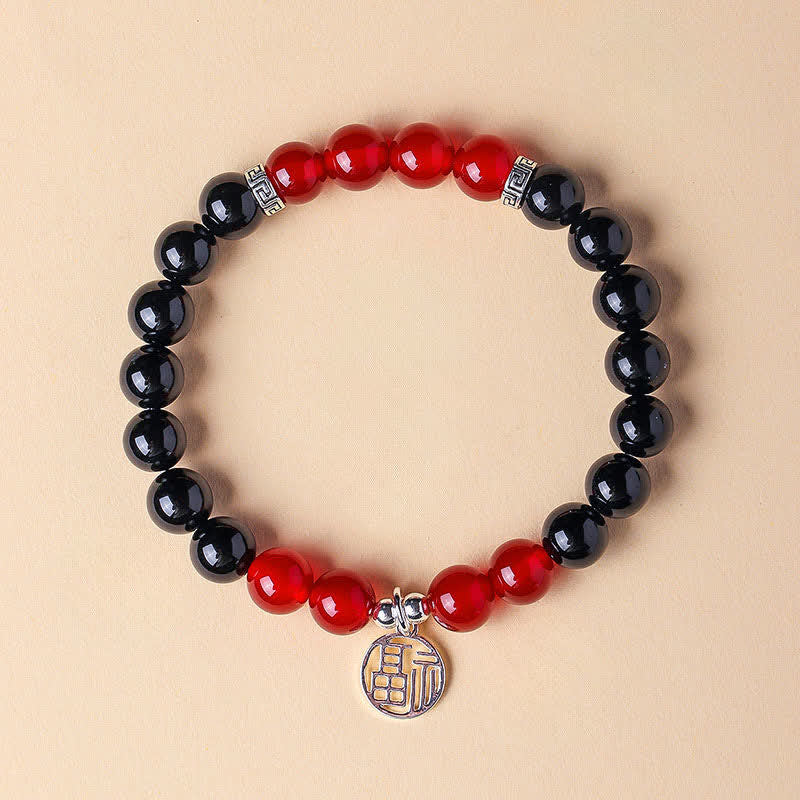 Buddha Stones Pulsera de cuentas con el personaje Fu de ónix negro para la buena suerte - Ónix negro y ágata roja (circunferencia de la muñeca: 15-16 cm) - image 9