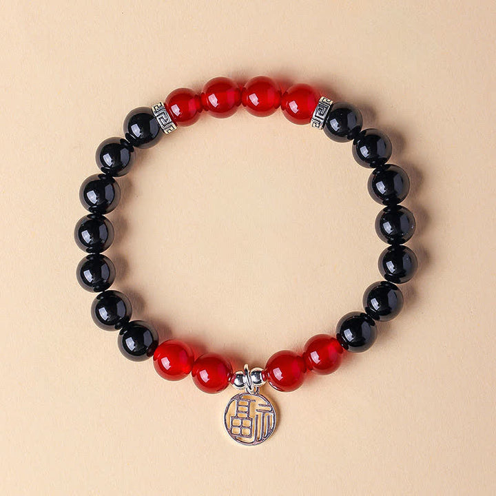 Buddha Stones Pulsera de cuentas con el personaje Fu de ónix negro para la buena suerte - Ónix negro y ágata roja (circunferencia de la muñeca: 15-16 cm) - image 9