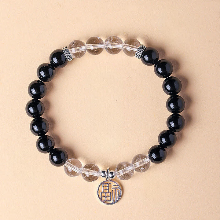 Buddha Stones Pulsera de cuentas con el personaje Fu de ónix negro para la buena suerte - Ónix negro y cuarzo transparente (circunferencia de la muñeca: 15-16 cm) - image 0