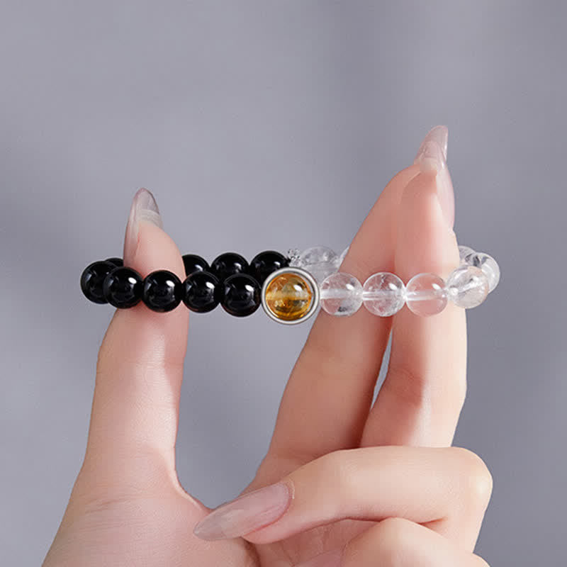 Buddha Stones Pulsera protectora de cuarzo transparente y obsidiana negra - image 2