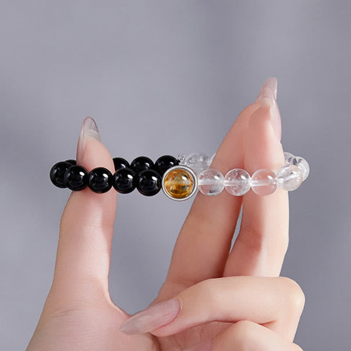 Buddha Stones Pulsera protectora de cuarzo transparente y obsidiana negra - image 2