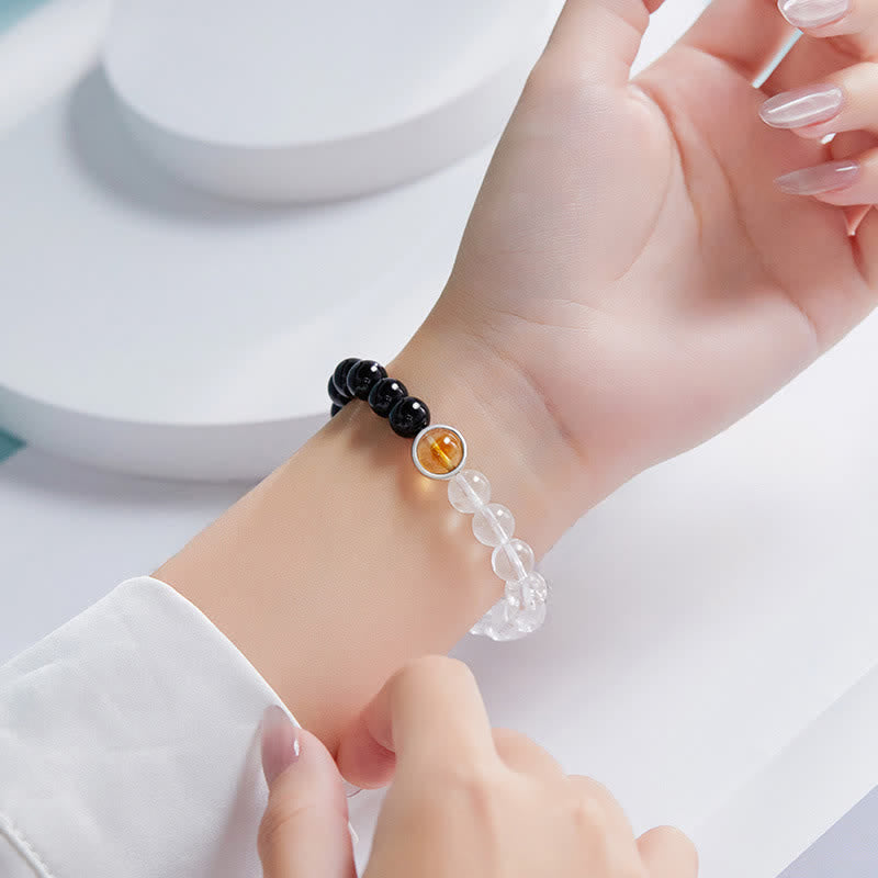 Buddha Stones Pulsera protectora de cuarzo transparente y obsidiana negra - image 3