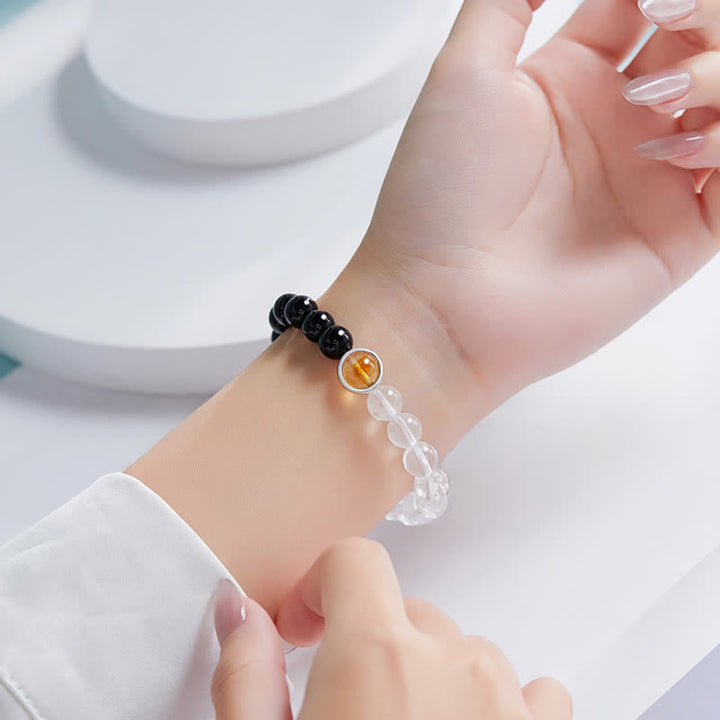 Buddha Stones Pulsera protectora de cuarzo transparente y obsidiana negra - image 3