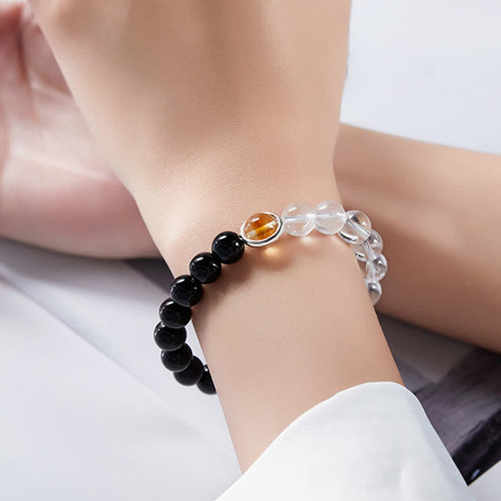 Buddha Stones Pulsera protectora de cuarzo transparente y obsidiana negra - image 4