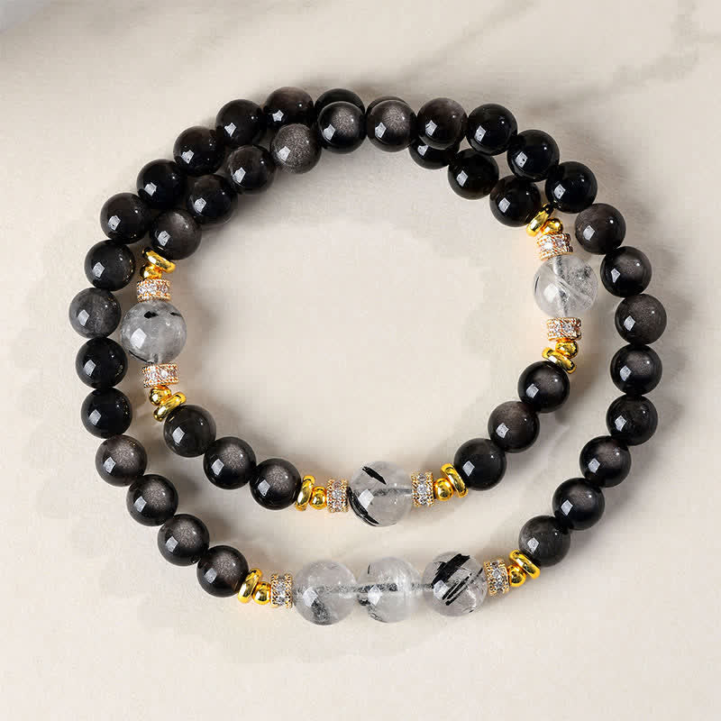 Buddha Stones Pulsera relajante de doble vuelta con obsidiana de brillo plateado natural - Obsidiana con brillo plateado (Enraizamiento♥Intuición) - image 0