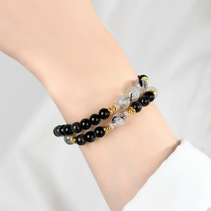 Buddha Stones Pulsera relajante de doble vuelta con obsidiana de brillo plateado natural - image 4