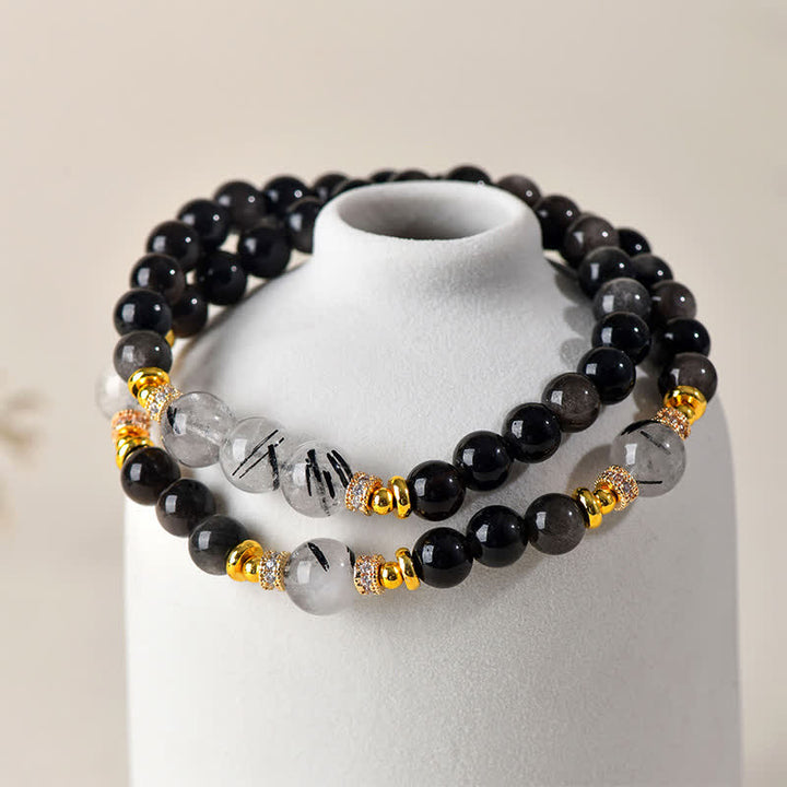 Buddha Stones Pulsera relajante de doble vuelta con obsidiana de brillo plateado natural - image 2