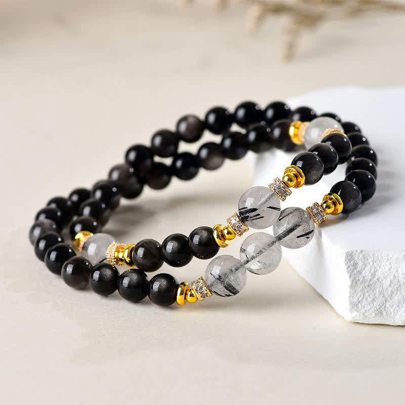 Buddha Stones Pulsera relajante de doble vuelta con obsidiana de brillo plateado natural - image 1