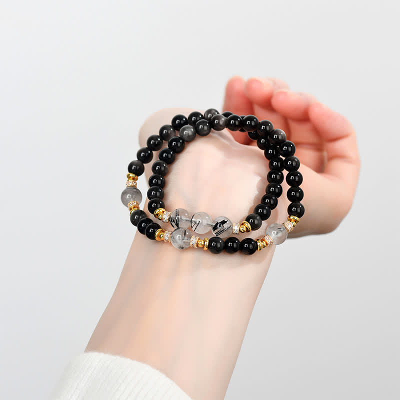 Buddha Stones Pulsera relajante de doble vuelta con obsidiana de brillo plateado natural - image 7