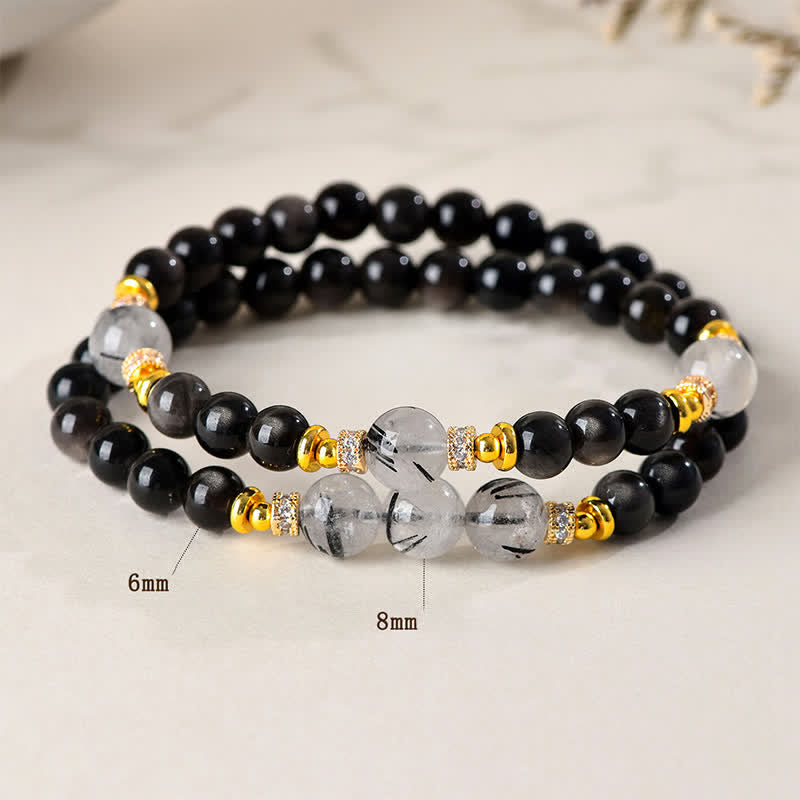 Buddha Stones Pulsera relajante de doble vuelta con obsidiana de brillo plateado natural - image 3