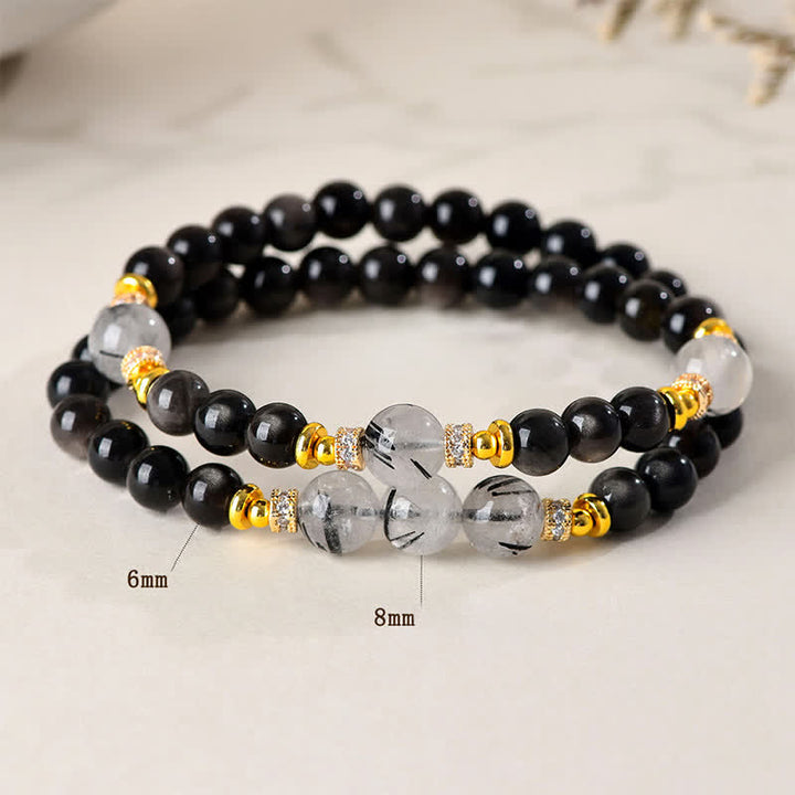 Buddha Stones Pulsera relajante de doble vuelta con obsidiana de brillo plateado natural - image 3