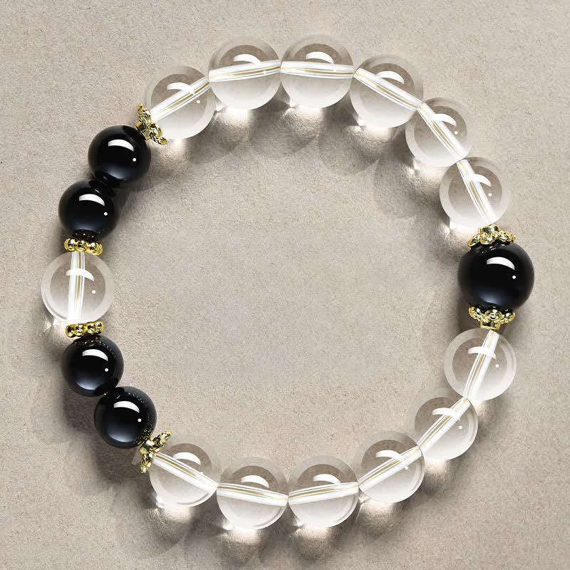 Buddha Stones Pulsera curativa de cuentas de cuarzo transparente natural - Cuarzo transparente de 10 mm y obsidiana negra (circunferencia de la muñeca: 16-17 cm) - image 4