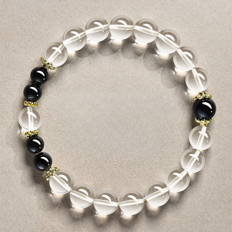 Buddha Stones Pulsera curativa de cuentas de cuarzo transparente natural - Cuarzo transparente de 8 mm y obsidiana negra (circunferencia de la muñeca: 15-16 cm) - image 0