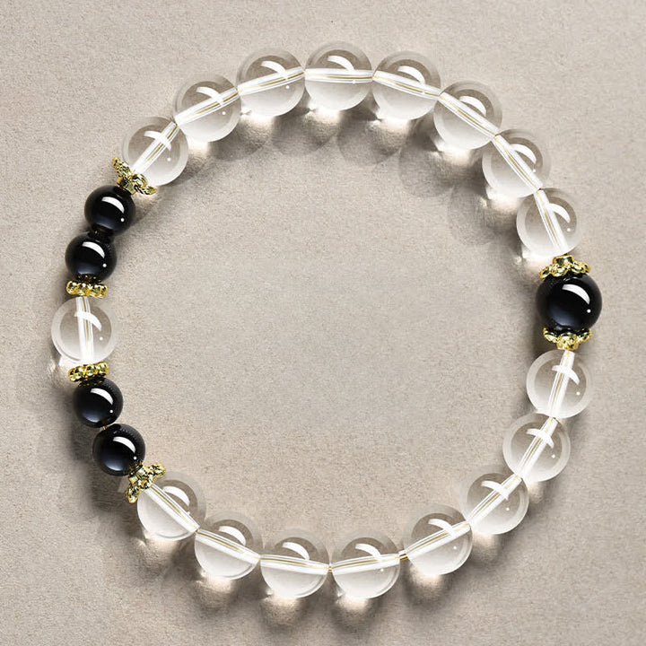 Buddha Stones Pulsera curativa de cuentas de cuarzo transparente natural - Cuarzo transparente de 8 mm y obsidiana negra (circunferencia de la muñeca: 15-16 cm) - image 0