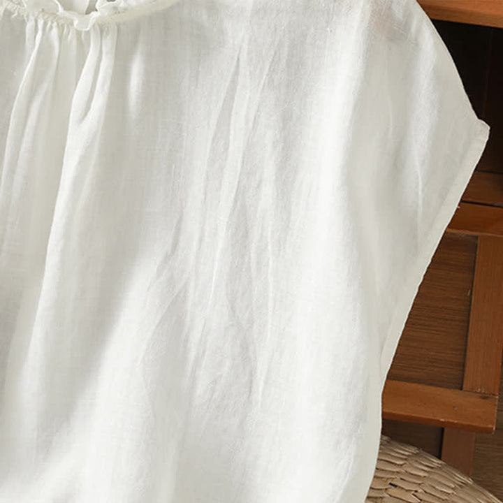 Buddha Stones Camisas sin mangas lisas para mujer, estilo casual de verano, con cuello con volantes y cierre de botones en la espalda. - image 18