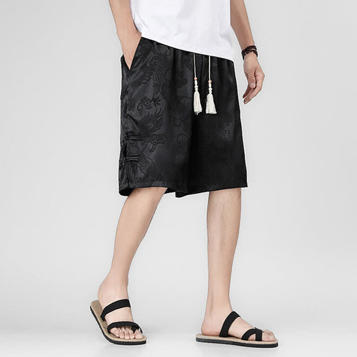 Buddha Stones Pantalones cortos de verano para hombre con cordón ajustable, estampado de dragón y rana, botones laterales y bolsillos. - image 7