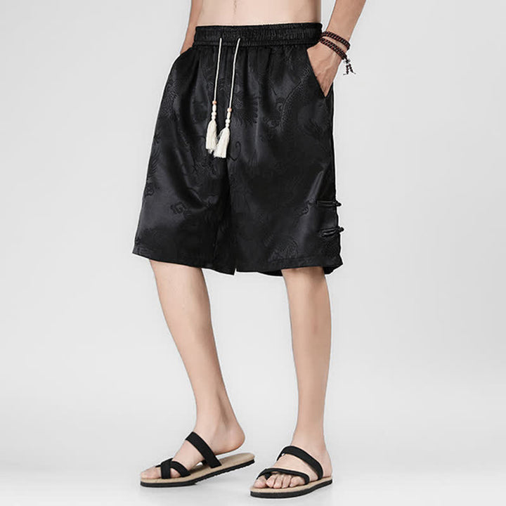 Buddha Stones Pantalones cortos de verano para hombre con cordón ajustable, estampado de dragón y rana, botones laterales y bolsillos. - image 4