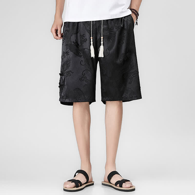 Buddha Stones Pantalones cortos de verano para hombre con cordón ajustable, estampado de dragón y rana, botones laterales y bolsillos. - image 3