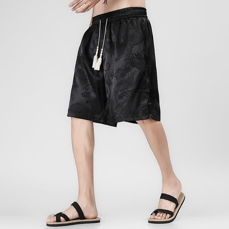 Buddha Stones Pantalones cortos de verano para hombre con cordón ajustable, estampado de dragón y rana, botones laterales y bolsillos. - image 9