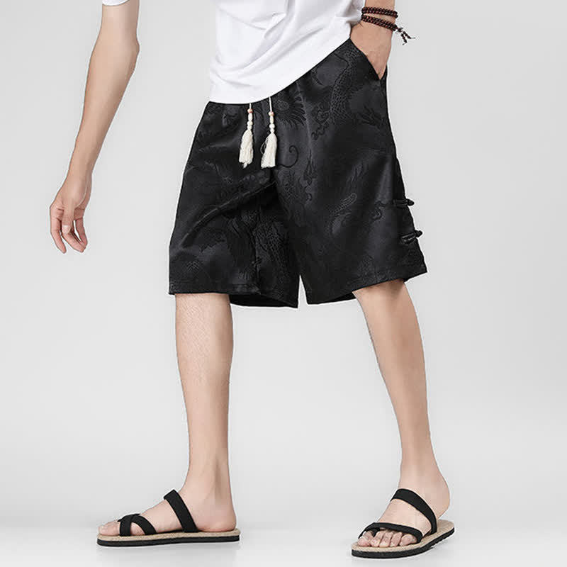 Buddha Stones Pantalones cortos de verano para hombre con cordón ajustable, estampado de dragón y rana, botones laterales y bolsillos. - image 6