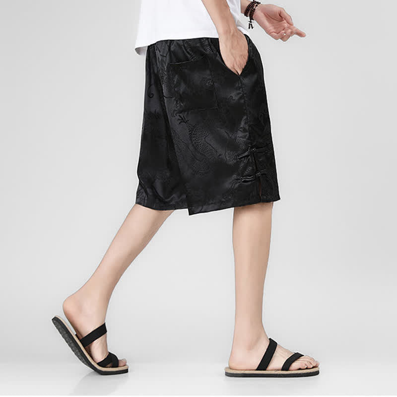 Buddha Stones Pantalones cortos de verano para hombre con cordón ajustable, estampado de dragón y rana, botones laterales y bolsillos. - image 8