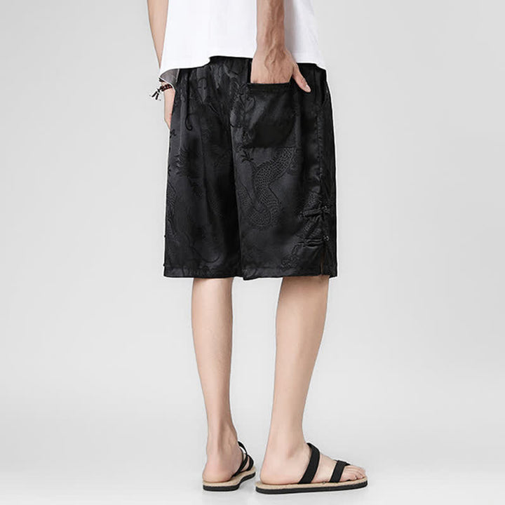 Buddha Stones Pantalones cortos de verano para hombre con cordón ajustable, estampado de dragón y rana, botones laterales y bolsillos. - image 2