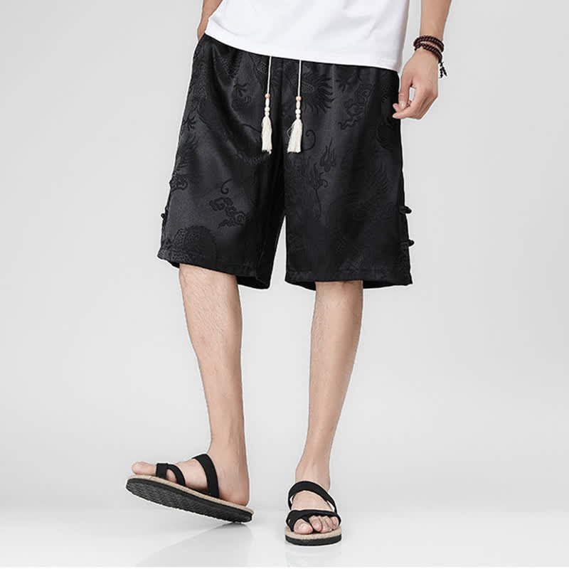 Buddha Stones Pantalones cortos de verano para hombre con cordón ajustable, estampado de dragón y rana, botones laterales y bolsillos. - image 5