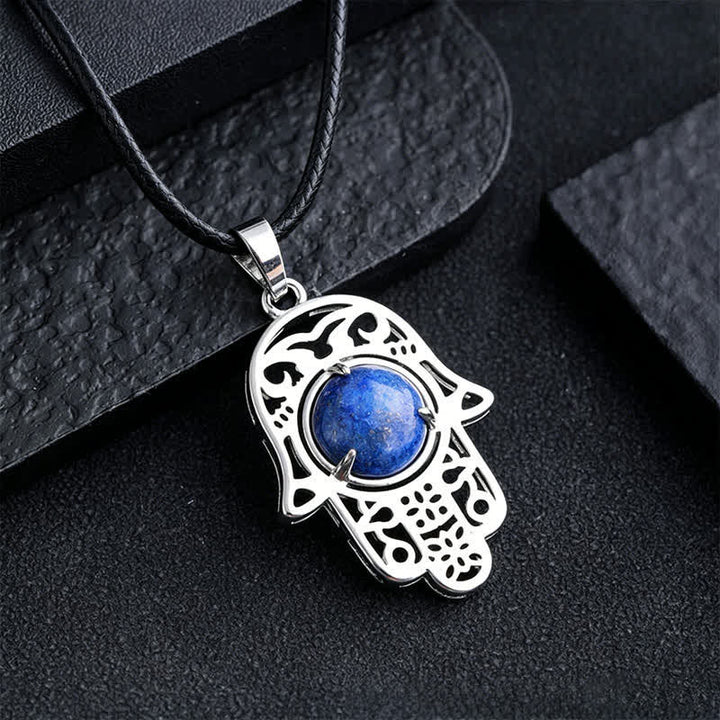 Buddha Stones Collar de fuerza con incrustaciones de cristal de palma de Hamsa y obsidiana negra natural - Lapislázuli natural (el color puede variar) - image 10