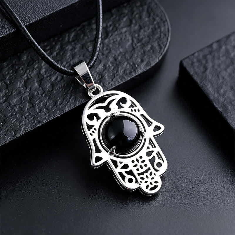 Buddha Stones Collar de fuerza con incrustaciones de cristal de palma de Hamsa y obsidiana negra natural - Obsidiana negra natural (el color puede variar) - image 1
