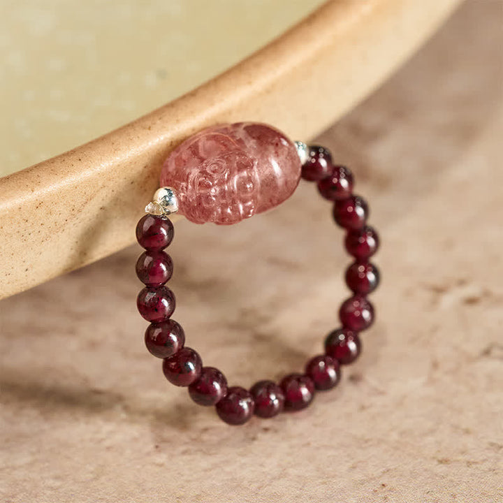 Buddha Stones Anillo elástico curativo PiXiu con minicuentas de 3 mm, piedra lunar natural, turmalina, granate, perla y cuarzo fresa. - Granate natural de 52-53 mm (el color puede variar) - image 0