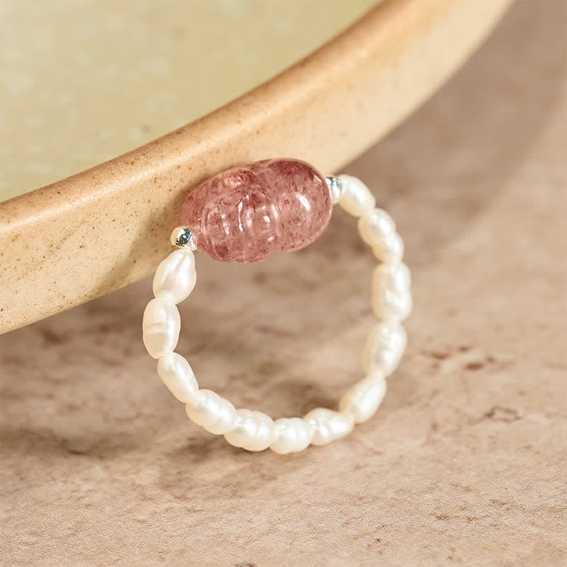 Buddha Stones Anillo elástico curativo PiXiu con minicuentas de 3 mm, piedra lunar natural, turmalina, granate, perla y cuarzo fresa. - Perla natural de 52-53 mm (el color puede variar) - image 21