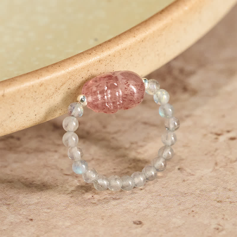 Buddha Stones Anillo elástico curativo PiXiu con minicuentas de 3 mm, piedra lunar natural, turmalina, granate, perla y cuarzo fresa. - Piedra lunar natural de 52-53 mm (el color puede variar). - image 9