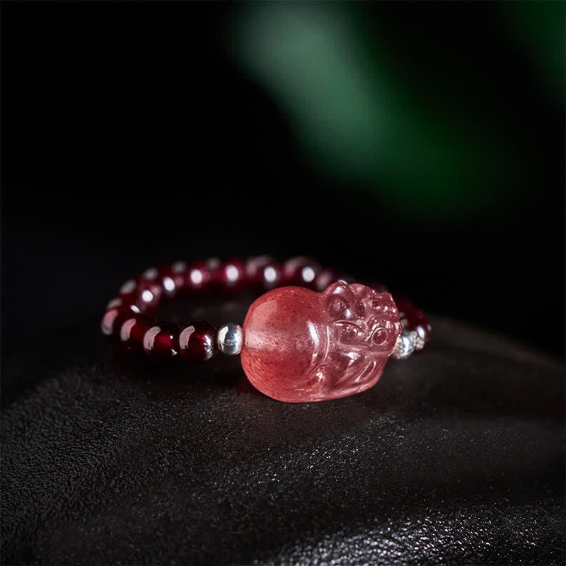 Buddha Stones Anillo elástico curativo PiXiu con minicuentas de 3 mm, piedra lunar natural, turmalina, granate, perla y cuarzo fresa. - image 1