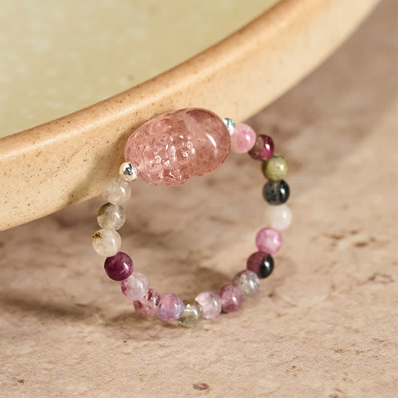 Buddha Stones Anillo elástico curativo PiXiu con minicuentas de 3 mm, piedra lunar natural, turmalina, granate, perla y cuarzo fresa. - Turmalina natural de 52-53 mm (el color puede variar) - image 15