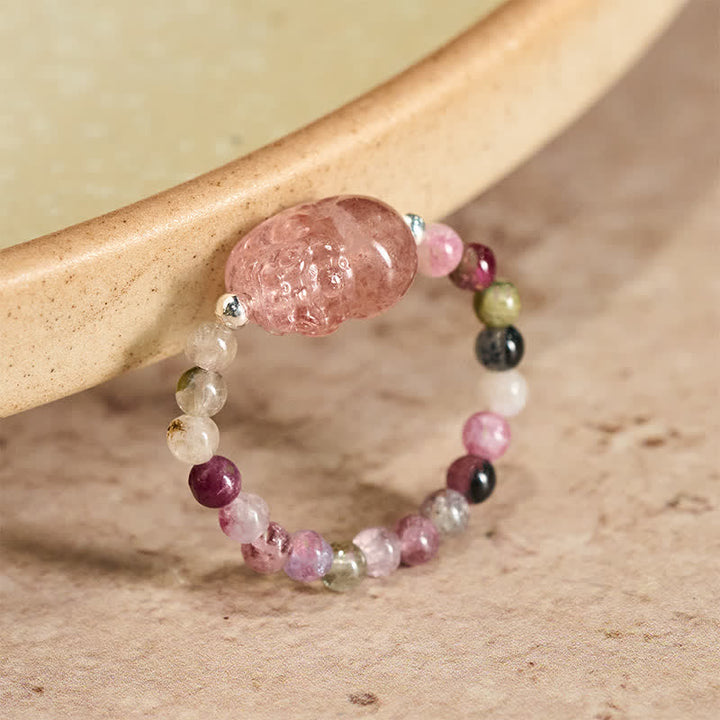 Buddha Stones Anillo elástico curativo PiXiu con minicuentas de 3 mm, piedra lunar natural, turmalina, granate, perla y cuarzo fresa. - Turmalina natural de 52-53 mm (el color puede variar) - image 15
