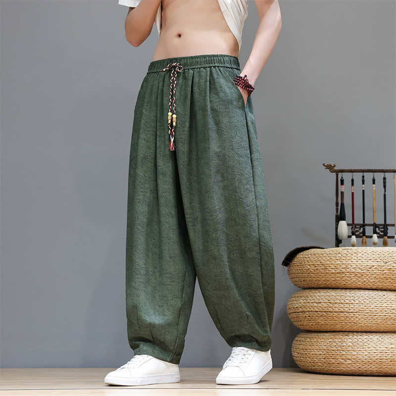 Buddha Stones Pantalones harem de verano para hombre, estilo bohemio, con cordón ajustable y estampado floral liso, con bolsillos. - Verde oliva oscuro - US/UK/AU48, EU58 (6XL) - image 0