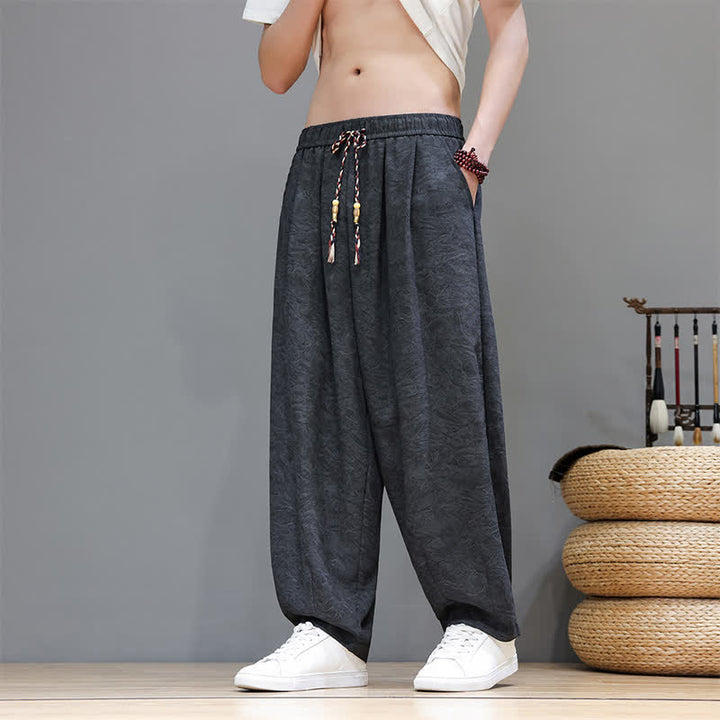 Buddha Stones Pantalones harem de verano para hombre, estilo bohemio, con cordón ajustable y estampado floral liso, con bolsillos. - Gris oscuro - US/UK/AU48, EU58 (6XL) - image 9