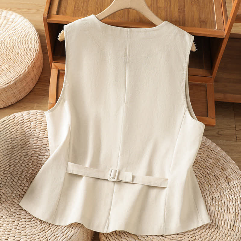 Buddha Stones Camisas de verano vintage para mujer, lisas, sin mangas, con botones y bolsillos decorativos. - image 1