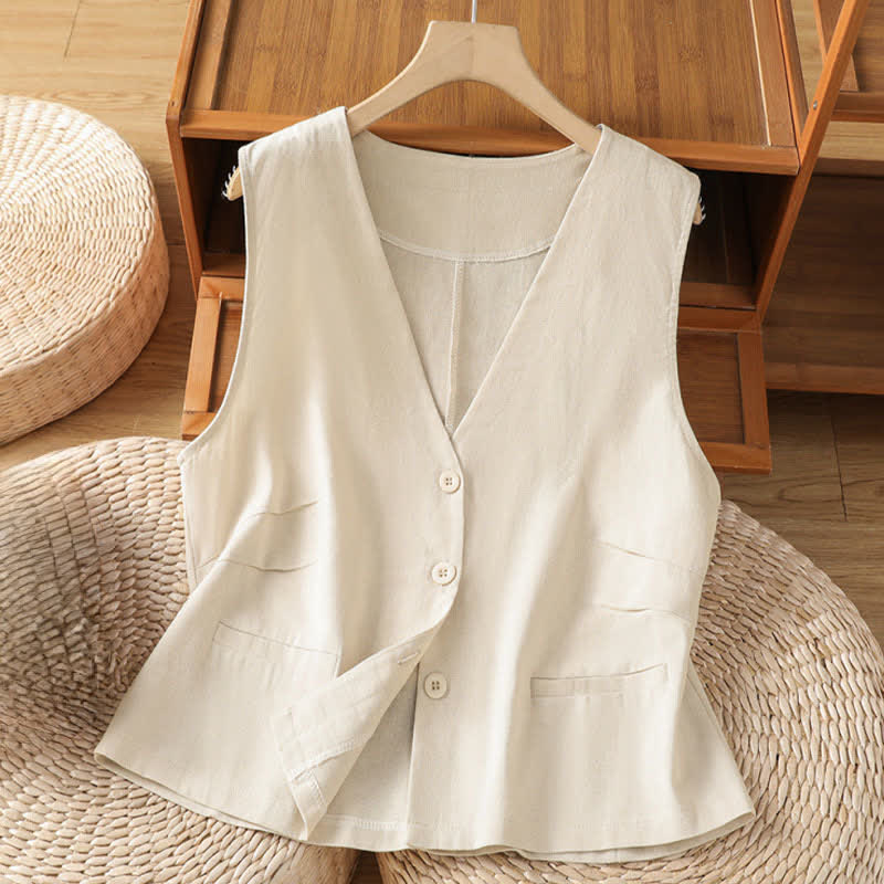 Buddha Stones Camisas de verano vintage para mujer, lisas, sin mangas, con botones y bolsillos decorativos. - Beige - US12, UK/AU16, EU44 (2XL) - image 0