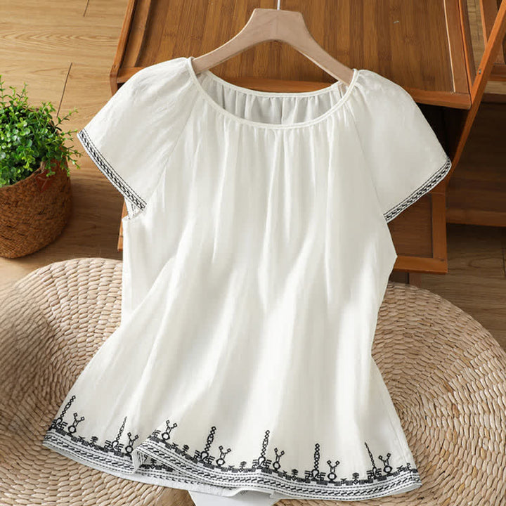 Buddha Stones Camisetas de manga corta para mujer con bordado floral estilo boho veraniego - Blanco - US12, UK/AU16, EU44 (2XL) - image 6