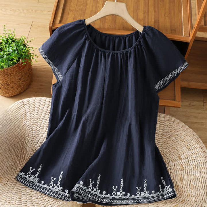 Buddha Stones Camisetas de manga corta para mujer con bordado floral estilo boho veraniego - Azul medianoche - US12, UK/AU16, EU44 (2XL) - image 0