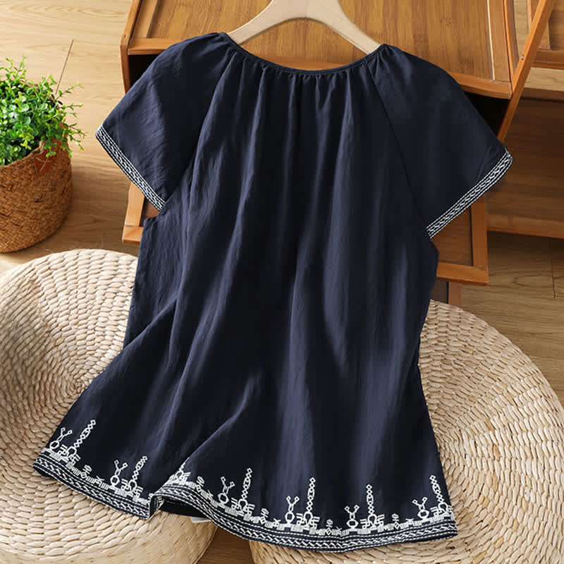 Buddha Stones Camisetas de manga corta para mujer con bordado floral estilo boho veraniego - image 1