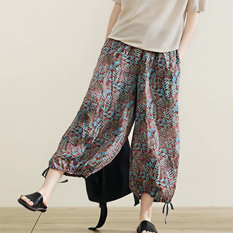 Buddha Stones Pantalones de mujer de corte recto con estampado de hojas y cordón ajustable, estilo bohemio veraniego, para mujer. - image 9