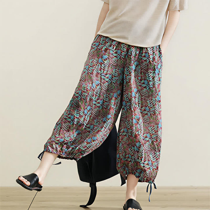 Buddha Stones Pantalones de mujer de corte recto con estampado de hojas y cordón ajustable, estilo bohemio veraniego, para mujer. - image 9
