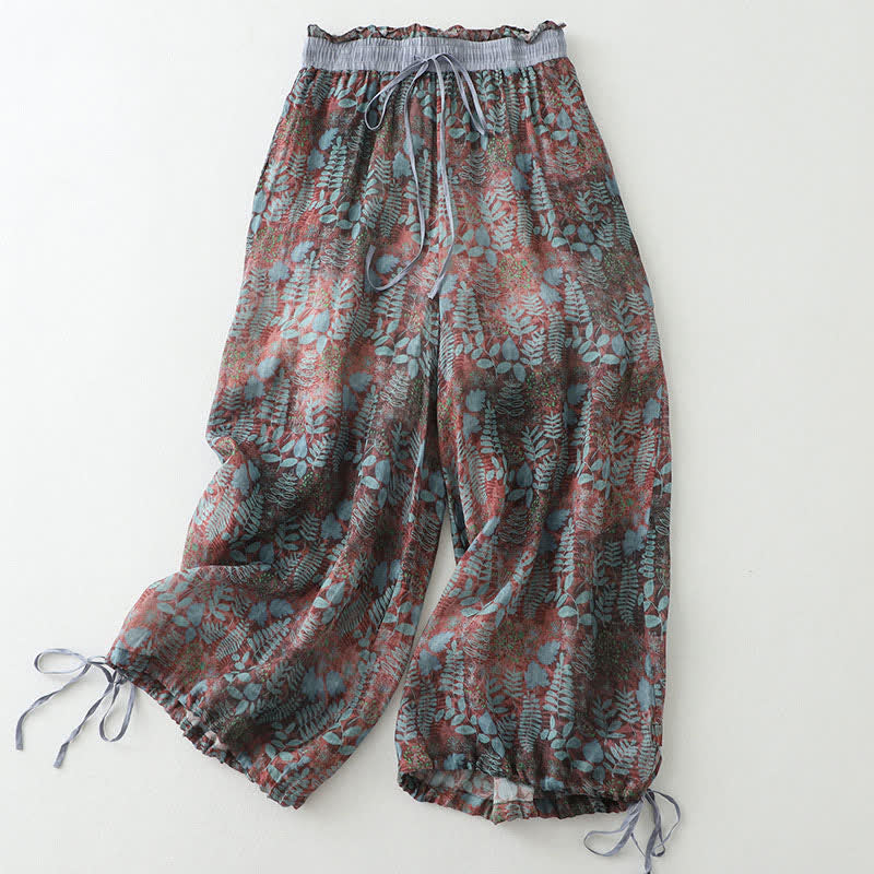 Buddha Stones Pantalones de mujer de corte recto con estampado de hojas y cordón ajustable, estilo bohemio veraniego, para mujer. - image 1