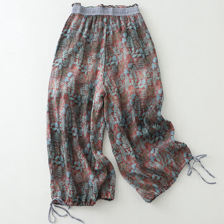 Buddha Stones Pantalones de mujer de corte recto con estampado de hojas y cordón ajustable, estilo bohemio veraniego, para mujer. - Marrón rosado - US14，UK/AU18，EU46 (2XL) - image 0