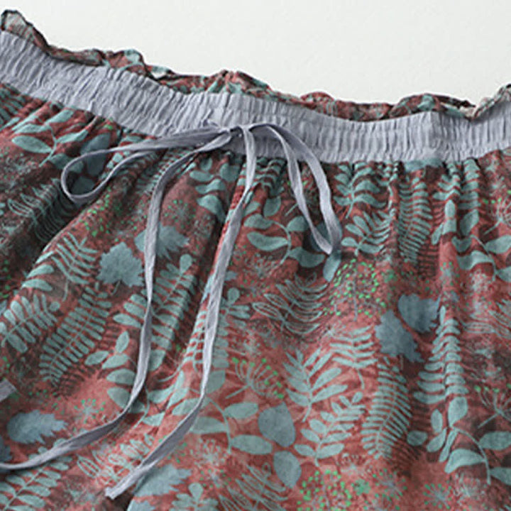 Buddha Stones Pantalones de mujer de corte recto con estampado de hojas y cordón ajustable, estilo bohemio veraniego, para mujer. - image 2