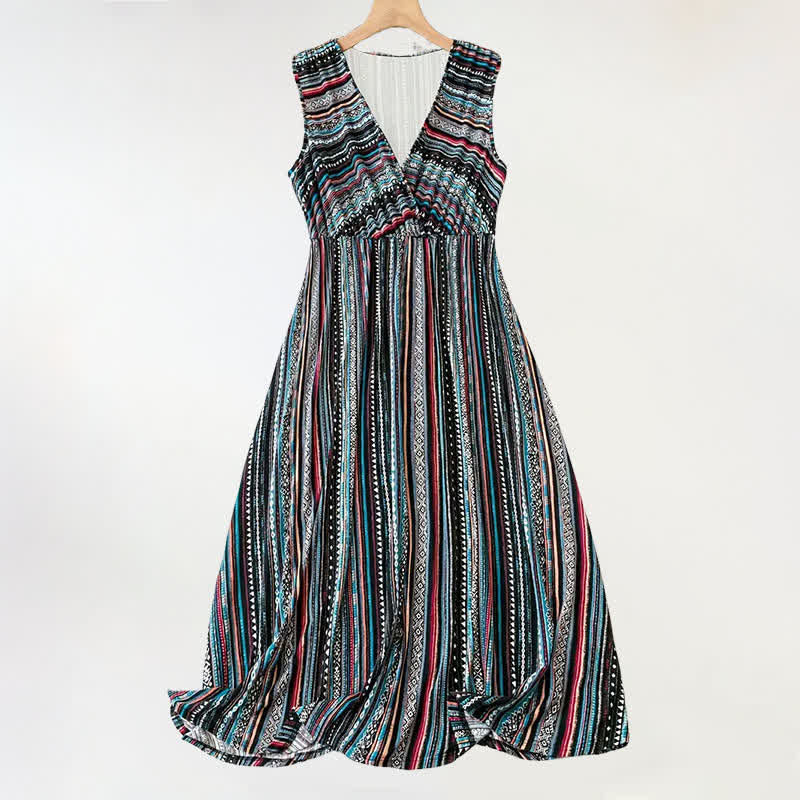Buddha Stones Vestido de verano sin mangas para mujer con escote en V y rayas estilo bohemio. - Negro - US20，UK/AU24，EU52 (5XL) - image 0