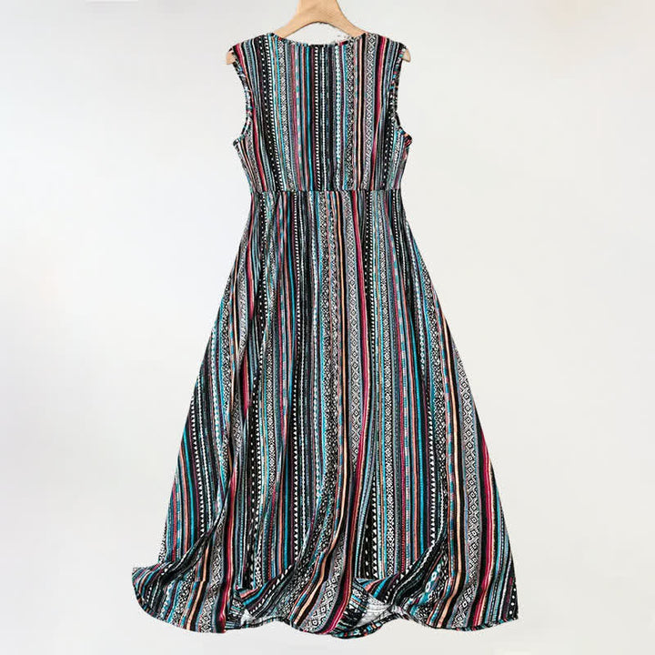 Buddha Stones Vestido de verano sin mangas para mujer con escote en V y rayas estilo bohemio. - image 1